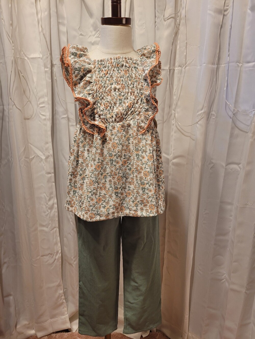 Daisy Fuentes Girls Floral Smocked Dress Set in Sage Green and Peach